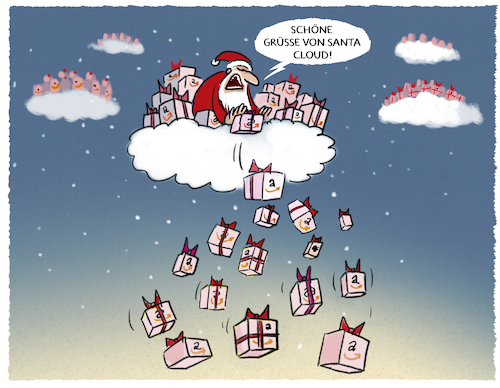 Cartoon: Online-Business (medium) by markus-grolik tagged amazon,einzelhandel,weihnachtsgeschaeft,bezos,online,internetkonsum,cloud,amazon,einzelhandel,weihnachtsgeschaeft,bezos,online,internetkonsum,cloud