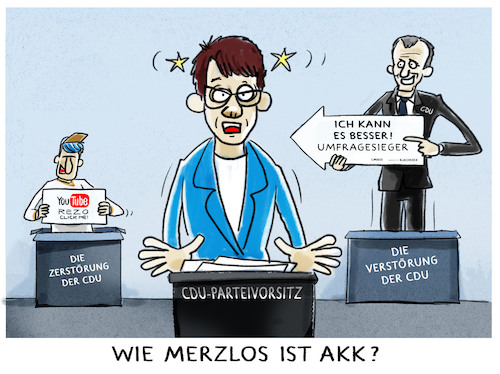 Cartoon: Annegret Kramp-Karrenbauer (medium) by markus-grolik tagged annegret,kramp,karrenbauer,akk,cdu,friedrich,merz,umfrage,emnid,blackrock,rezo,youtube,parteivorsitz,merkel,annegret,kramp,karrenbauer,akk,cdu,friedrich,merz,umfrage,emnid,blackrock,rezo,youtube,parteivorsitz,merkel