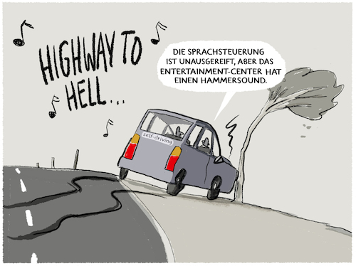 Cartoon: Autonomes Fahren... (medium) by markus-grolik tagged assistenzsystem,auto,autonom,software,entertainment,highway,assistenzsystem,auto,autonom,software,entertainment,highway