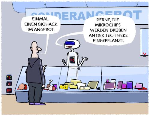 Cartoon: Discounter-Biohacking... (medium) by markus-grolik tagged biohack,biohacking,optimierung,mensch,maschine,chip,chips,mikrochip,einpflanzen,haut,nfc,discounter,cyborg,zukunft,hitec,biohack,biohacking,optimierung,mensch,maschine,chip,chips,mikrochip,einpflanzen,haut,nfc,discounter,cyborg,zukunft,hitec