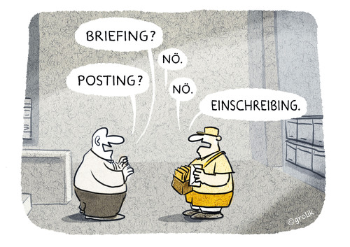 Cartoon: dpdhl-meeting (medium) by markus-grolik tagged denglisch,brief,briefing,posting,meeting,deutsch,briefträger,briefzustellung,begriffe,semantik,zeitgeist,typisch,cartoon,grolik