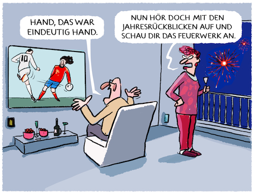 Cartoon: Endlich loslassen... (medium) by markus-grolik tagged jahreswechsel,2025,tv,fernsehen,sommermärchen,cucurella,strafraum,jahresrueckblicke,neujahr,silvester,europaweltmeisterschaft,2024,em,spanien,handspiel,deutschland,feuerwerk,jahreswechsel,2025,tv,fernsehen,jahresrueckblicke,neujahr,silvester,europaweltmeisterschaft,2024,em,spanien,handspiel,deutschland,feuerwerk