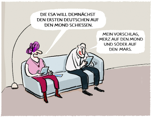 Cartoon: ESA-Astronautik (medium) by markus-grolik tagged esa,all,mond,astronauten,europa,raumfahrt,soeder,merz,deutschland,mars,weltall,technik,esa,all,mond,astronauten,europa,raumfahrt,soeder,merz,deutschland,mars,weltall,technik