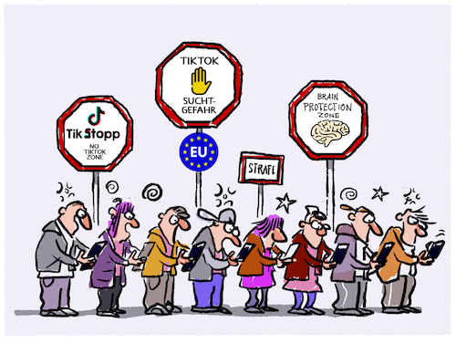 Cartoon: EU und Tiktok... (medium) by markus-grolik tagged eu,europa,eukommission,tiktok,design,sucht,verhalten,kinder,gehirn,abhängigkeit,schutz,strafe,eu,europa,eukommission,tiktok,design,sucht,verhalten,kinder,gehirn,abhängigkeit,schutz,strafe