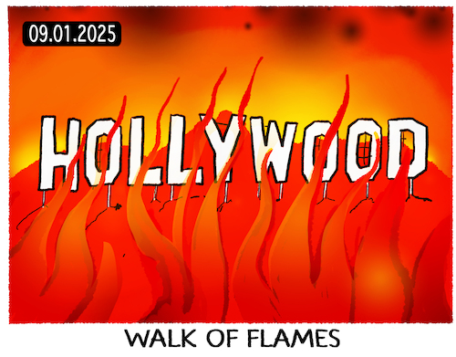 Cartoon: Feuerkatastrophe in L.A. (medium) by markus-grolik tagged feuer,brand,hollywood,katastrophe,naturkatastrophe,usa,kalifornien,flames,fame,walk,of,hills,feuer,brand,hollywood,katastrophe,naturkatastrophe,usa,kalifornien,flames,fame,walk,of,hills