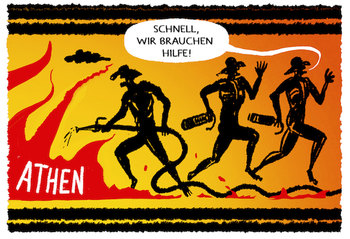 Cartoon: Feuerwalze vor Athen... (medium) by markus-grolik tagged griechenland,athen,waldbrand,feuer,sommer,hitze,feuerwalze,europa,eu,hilfe,feuerwehr,griechenland,athen,waldbrand,feuer,sommer,hitze,feuerwalze,europa,eu,hilfe,feuerwehr