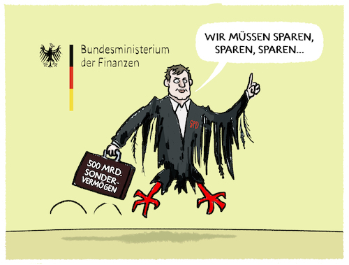 Cartoon: Finanzminister Klingbeil... (medium) by markus-grolik tagged deutschland,bundesregierung,sondervermoegen,haushalt,sparzwang,spd,finanzminister,klingbeil,sozialstaat,wirtschaft,wachstum,kanzler,merz,cdu,csu,deutschland,bundesregierung,sondervermoegen,haushalt,sparzwang,spd,finanzminister,klingbeil,sozialstaat,wirtschaft,wachstum,kanzler,merz,cdu,csu
