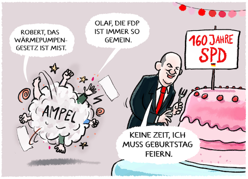 Cartoon: Happy birthday SPD! (medium) by markus-grolik tagged spd,geburtstag,partei,ampel,regierungspartei,regierung,verantwortung,deutschland,gruendungstag,waermewende,scholz,fdp,gruene,krise,sommerpause,waermepumpen,habeck,lindner,regierungskrise,krach,spd,geburtstag,partei,ampel,regierungspartei,regierung,verantwortung,deutschland,gruendungstag,waermewende,scholz,fdp,gruene,krise,sommerpause,waermepumpen,habeck,lindner,regierungskrise,krach