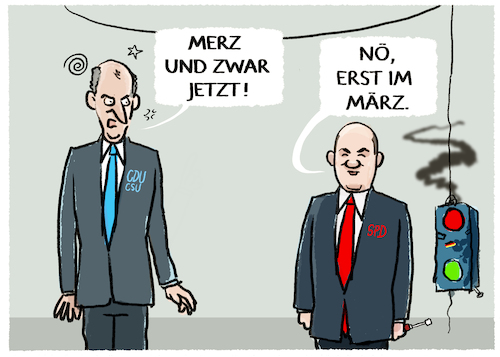 Cartoon: Hickhack um Neuwahltermin... (medium) by markus-grolik tagged vertrauensfrage,neuwahlen,bundeskanzler,scholz,merz,union,spd,cdu,csu,bundestag,gruene,deutschland,ampel,vertrauensfrage,neuwahlen,bundeskanzler,scholz,merz,union,spd,cdu,csu,bundestag,gruene,deutschland,ampel