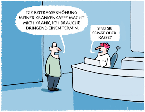 Cartoon: Kassenbeitrag steigt... (medium) by markus-grolik tagged kassenpatient,krankenkasse,gesetzlichversicherte,privatpatienten,privat,terminvergabe,termin,sprechzimmer,arzt,medizin,gesundheitssystem,deutschland,kosten,krank,gesund,kassenpatient,krankenkasse,gesetzlichversicherte,privatpatienten,privat,terminvergabe,termin,sprechzimmer,arzt,medizin,gesundheitssystem,deutschland,kosten,krank,gesund