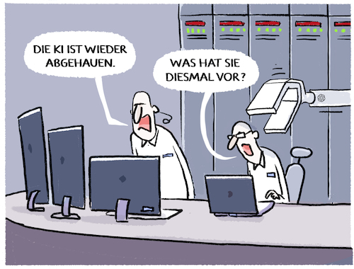 Cartoon: KI-Risiken... (medium) by markus-grolik tagged risiken,ki,gau,warnung,usa,us,tech,openai,chatgpt,claude,myth,anthropic,illustration,karikatur,risiko,kuenstliche,intelligenz,hacken,hacker,eigenstaendig,macht,gefahr,risiken,ki,gau,warnung,usa,us,tech,openai,chatgpt,claude,myth,anthropic,illustration,karikatur,risiko,kuenstliche,intelligenz,hacken,hacker,eigenstaendig,macht,gefahr