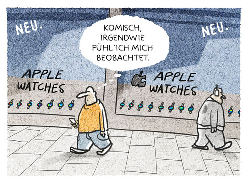 Cartoon: Big watch is watching (medium) by markus-grolik tagged grolik,statuscartoon,neidfaktor,stylish,technologie,und,mensch,datenschutz,daten,smartwatch,apple,watch,kontrolle,smartphone