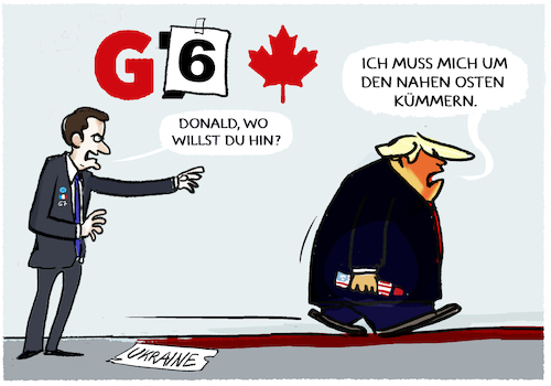 Cartoon: Nur noch zu sechst... (medium) by markus-grolik tagged g7,g6,gipfel,abreise,affront,macron,frankreich,kanada,europa,eu,krieg,konflikt,naher,osten,iran,israel,gaza,ukraine,russland,putin,militaer,bilaterale,abkommen,atomwaffen,handel,zoelle,maga,handelskrieg,wirtschaft,g7,g6,gipfel,abreise,affront,macron,frankreich,kanada,europa,eu,krieg,konflikt,naher,osten,iran,israel,gaza,ukraine,russland,putin,militaer,bilaterale,abkommen,atomwaffen,handel,zoelle,maga,handelskrieg,wirtschaft