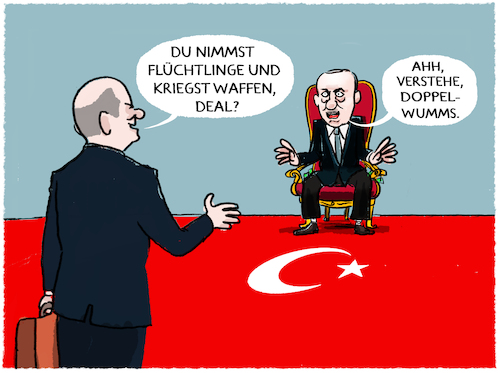 Cartoon: Scholz besucht Erdogan... (medium) by markus-grolik tagged scholz,spd,ampel,gruene,erdogan,deutschland,tuerkei,ankara,waffenexporte,migration,drittlaender,fluechtlinge,doppelwumms,deal,waffen,scholz,spd,ampel,gruene,erdogan,deutschland,tuerkei,ankara,waffenexporte,migration,drittlaender,fluechtlinge,doppelwumms,deal,waffen