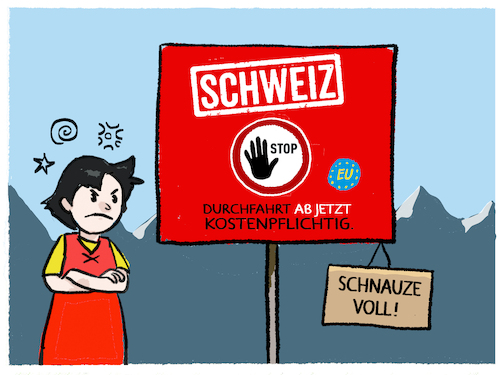 Cartoon: Schweizer Durchfahrtsgebühr (medium) by markus-grolik tagged schweiz,durchfahrt,europa,transit,eu,verkehr,handel,maut,urlaubsverkehr,reisezeit,tourismus,nord,sued,schweiz,durchfahrt,europa,transit,eu,verkehr,handel,maut,urlaubsverkehr,reisezeit,tourismus,nord,sued