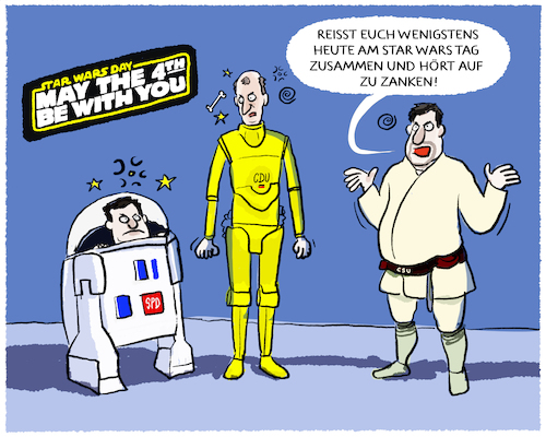 Cartoon: Starwarstag... (medium) by markus-grolik tagged sar,wars,tag,merz,klingbeil,koalition,streit,soeder,csu,cdu,spd,deutschland,reformen,steuerreform,hollywood,sar,wars,tag,merz,klingbeil,koalition,streit,soeder,csu,cdu,spd,deutschland,reformen,steuerreform,hollywood