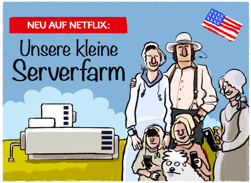 Cartoon: TV-Serienklassiker... (medium) by markus-grolik tagged digitalisierung,serienklassiker,unsere,kleine,farm,netflix,amazon,server,serverfarm,strom,us,usa,strombedarf,klima,energie,tv,fernsehen,70er,80er,digitalisierung,serienklassiker,unsere,kleine,farm,netflix,amazon,server,serverfarm,strom,us,usa,strombedarf,klima,energie,tv,fernsehen,70er,80er