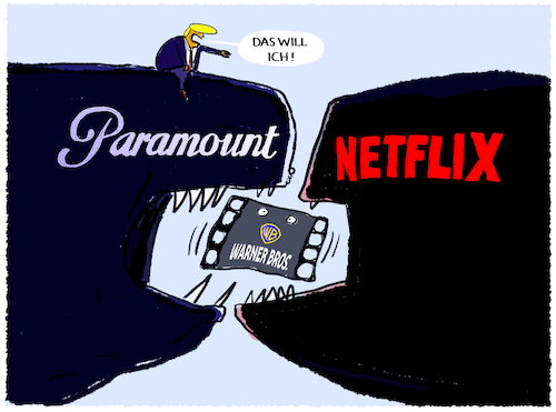 Cartoon: Wer schluckt Warner? (medium) by markus-grolik tagged warner,bros,tv,kino,netflix,paramount,trump,usa,fox,medien,macht,us,streaming,warner,bros,tv,kino,netflix,paramount,trump,usa,fox,medien,macht,us,streaming