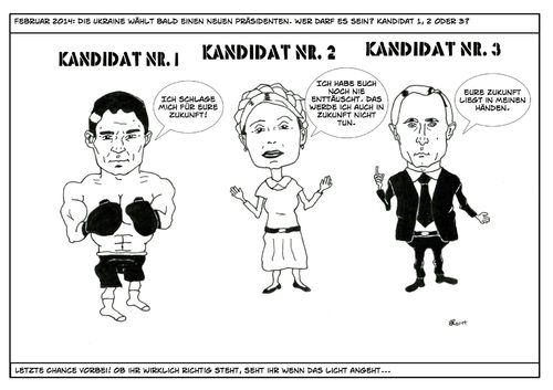 Cartoon: 1 2 oder 3? (medium) by Boro tagged ukraine,wahlen,putin,timoschenko,klitschko