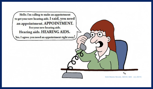 Cartoon: Appointment for Hearing Aids (medium) by Hearing Care Humor tagged hearingloss,hardofhearing,telephone,receptionist,audiologist,hearingaids