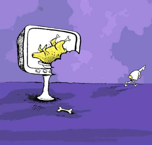 Cartoon: Sorry! i was so hungry. (medium) by Mohsen Zarifian tagged food,chicken,television,hungry,poverty