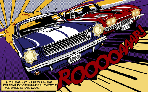 Cartoon: The Duel (medium) by Michael Böhm tagged stingray,mustang,cars,muscle,lichtenstein,popart,classic,race
