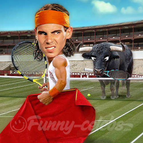 Cartoon: Rafael Nadal (medium) by funny-celebs tagged rafa,tennis,player,atp,world,tour,sport,match,grand,slam,manacor,spain,masters,bull,corrida