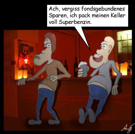 Cartoon: Altersvorsorge (medium) by Anjo tagged fondsbasiert,fonds,sparen,preisherhöhung,benzinpreis,benzin,altersvorsorge