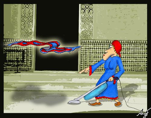 Cartoon: Flying Carpet (medium) by Anjo tagged flying,carpet,teppich,fliegender,putzfrau,cleaning,woman,hoover,staubsauger