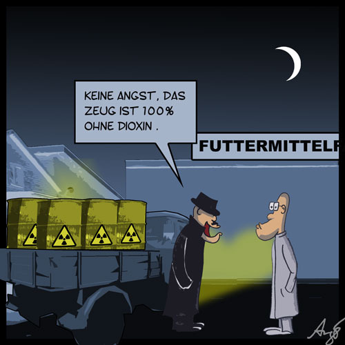 Cartoon: Neue Wege der Entsorgung (medium) by Anjo tagged futter,lebensmittel,atomkraft,akw,dioxin,entsorgung,atommüll,atom,fleisch