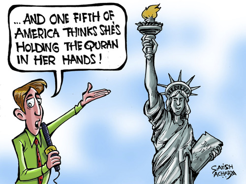 Cartoon: Obama-Islam and America! (medium) by Satish Acharya tagged obama,america,islam,ground,zero