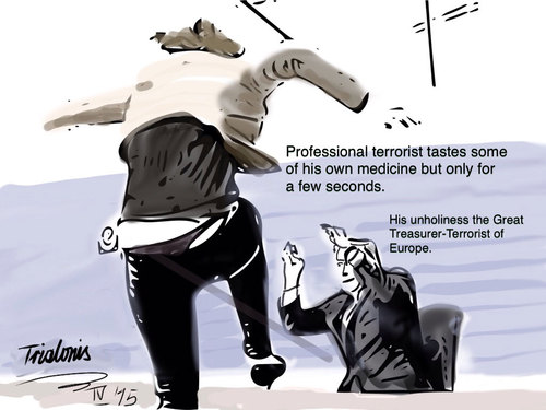 Cartoon: Professional terrorist Draghi (medium) by George Trialonis tagged draghi,terrorist,ecb,greece,financial,george,trialonis,attack,on,terrorism,by