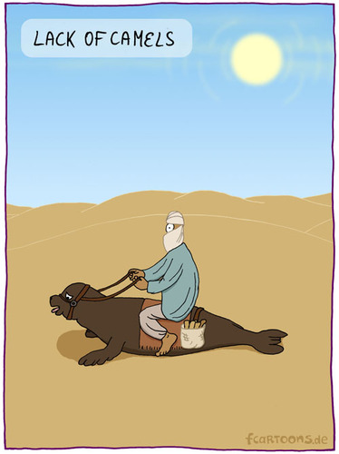 Cartoon: LACK OF CAMELS (medium) by Frank Zimmermann tagged lack,of,camels,camel,kamel,seehund,desert,wüste,beduine,sun,sonne,cartoon,hot,heiß,tasche,tongue,zunge,himmel,sky,leash,toon,karawane
