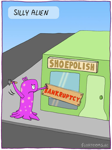 Cartoon: SILLY ALIEN (medium) by Frank Zimmermann tagged silly,alien,bankrupt,store,shop,hammer,cartoon,comic,shoe