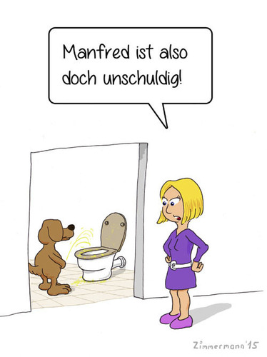 Cartoon: umschuldig (medium) by Frank Zimmermann tagged umschuldig,manfred,hund,dog,toilette,pissen,wc,beschweren,kleid