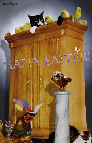 Cartoon: Easter Card. (medium) by Maria Hamrin tagged easter,rooster,chicken,cat,rat,undulat