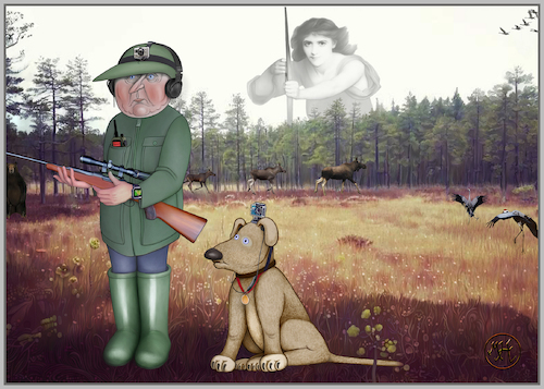 Cartoon: Huntingseason. (medium) by Maria Hamrin tagged shootingseason,hunter,rifle,riflescope,gpsclock,radio,walkietalkie,headphones,camera,dog,huntingdog,medal,bear,moos,huntingoodess,gees,cranes,shootingground,autumn