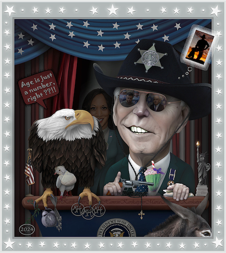 Cartoon: Joe Biden and Kamala Harris. (medium) by Maria Hamrin tagged caricature,karikatyr,cartoon,america,usa,biden,usleaders,president,worldleader,chief,sheriff,boss,democrat,americaneagle,vicepresident,harris,zelenskyj,netanyahu