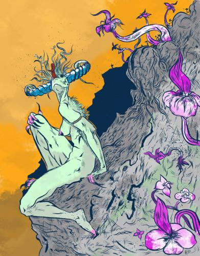 Cartoon: The Catcher (medium) by alexdantas tagged illustration,female,nudity,mountain,flower