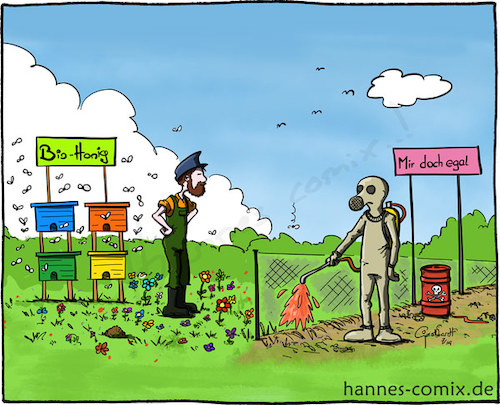 Cartoon: Bio-Honig (medium) by Hannes tagged biohonig,bio,honig,pestizide,landwirt,landwirtschaft,bauer,imker,chemie,pflanzenschutz,herbizid,glyphosat,umweltschutz,naturschutz,bienen