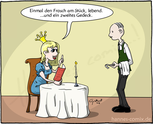 Cartoon: Froschkönig (medium) by Hannes tagged froschkoenig,prinzessin,prinz,frosch,restaurant,kellner,ober,bestellung