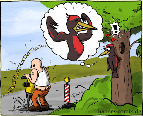 Cartoon: Frühlingsgefühle (medium) by Hannes tagged specht,presslufthammer,baustelle,frühlingsgefühle,natur,wow