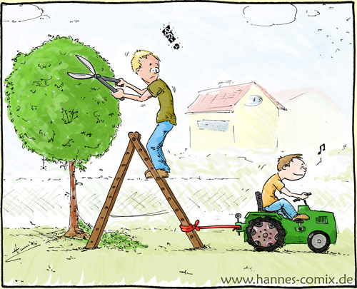 Cartoon: Gartenarbeit (medium) by Hannes tagged trekker,garten,gartenarbeit,sommer,baumpflege,heckenschere,baum,tretauto,kind,traktor