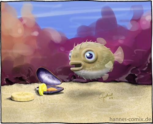 Cartoon: Kugelfisch (medium) by Hannes tagged kugelfisch,blowfish,meerwasser,aquarium,banane,miesmuschel,haustier,futter,fisch,digitalpainting
