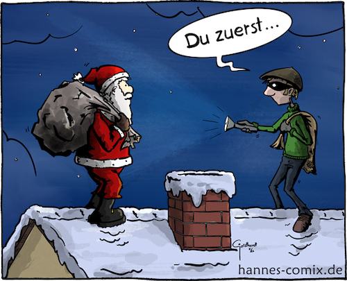 Cartoon: showdown (medium) by Hannes tagged weihnachten,xmas,weihnachtsmann,dieb,einbrecher,schnee,winter,santaclaus,burglar
