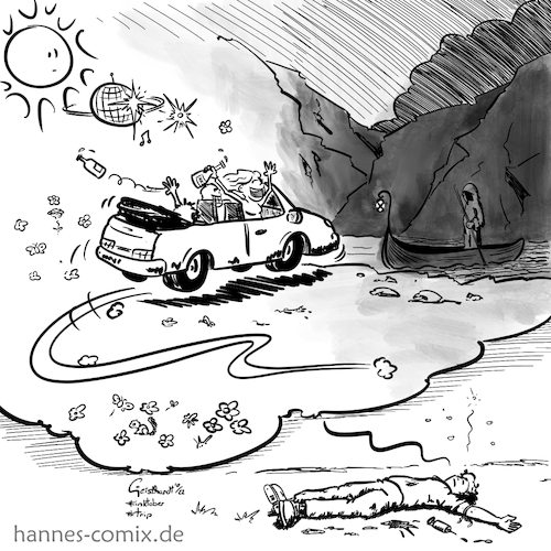 Cartoon: Trip (medium) by Hannes tagged drogen,drogenmissbrauch,reise,trip,überdosis,hades,party,drugs,drugabuse,gameover
