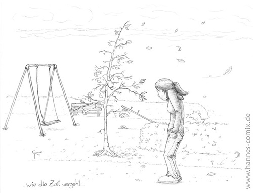 Cartoon: wie die Zeit vergeht... (medium) by Hannes tagged kind,erwachsen,herbst,blätter,spielplatz,schaukel