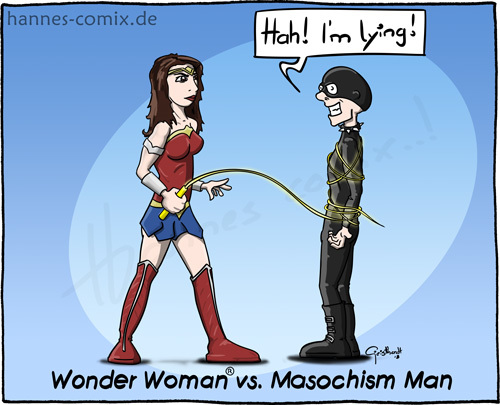 Cartoon: Wonder Woman vs. Masochism Man (medium) by Hannes tagged wonderwoman,masochism,pain,sadomaso,hero