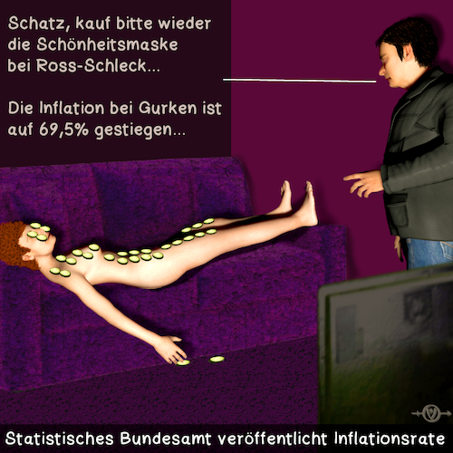 Cartoon: Geldentwertung (medium) by PuzzleVisions tagged puzzlevisions,inflation,gurken,preisindex,statistisches,bundesamt,gurkenmaske,frau,sparen