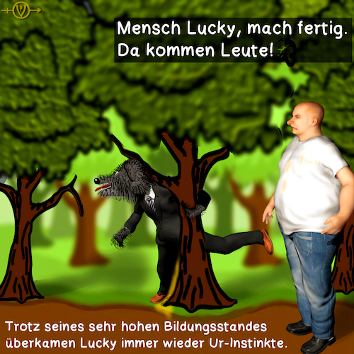 Cartoon: Karli und Lucky 3 (medium) by PuzzleVisions tagged puzzlevisions,urinstinkte,ur,instinkte,instincts,karli,lucky,pinkeln,pee,wald,wood,baum,tree